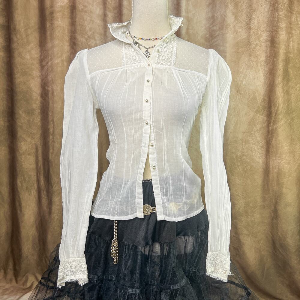 Vintage Gunne Sax Lace Blouse Jessica's Gunnies White Floral High Neck Victorian